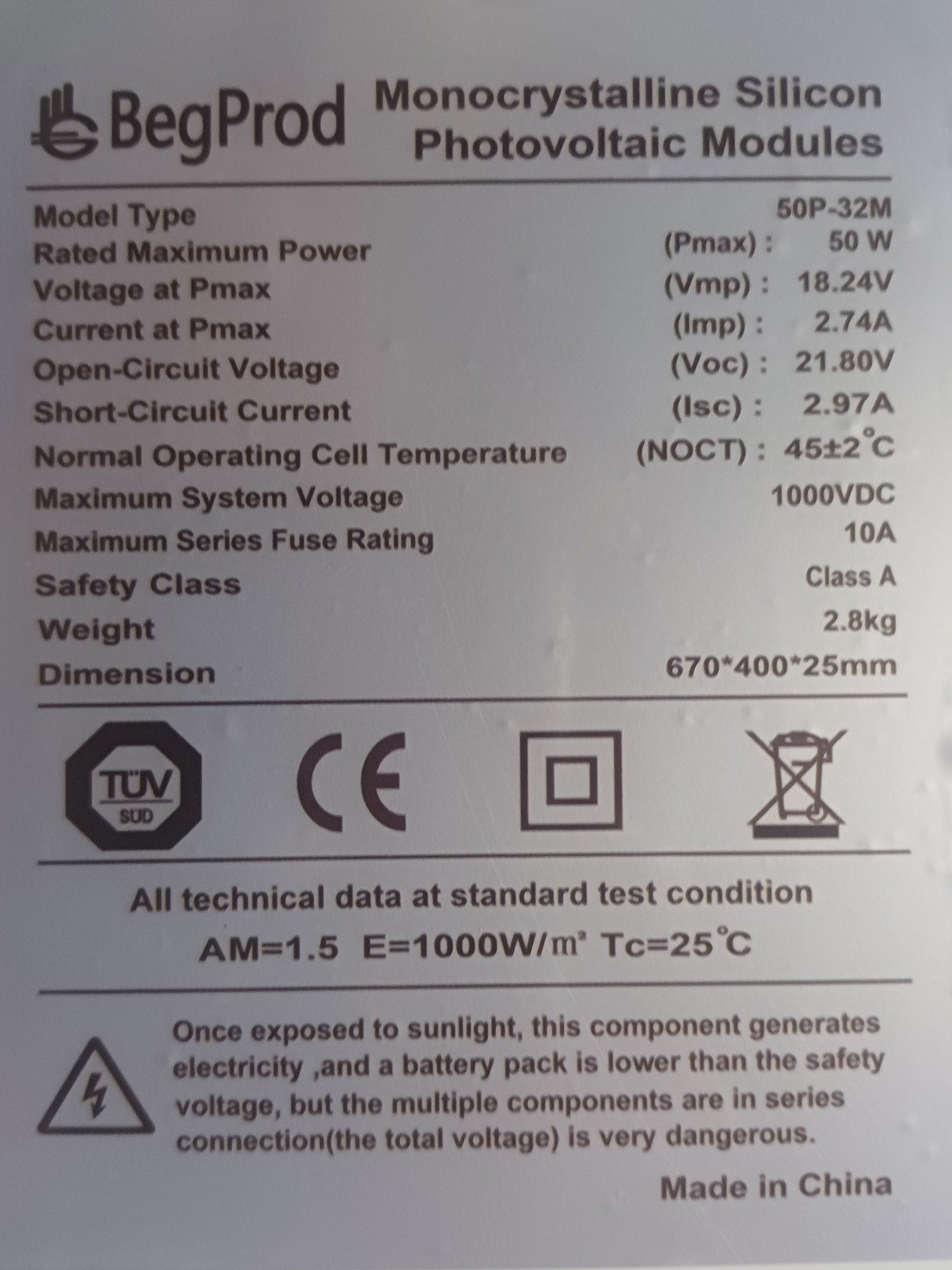 Panel Solar Monocristalino 50W BegProd