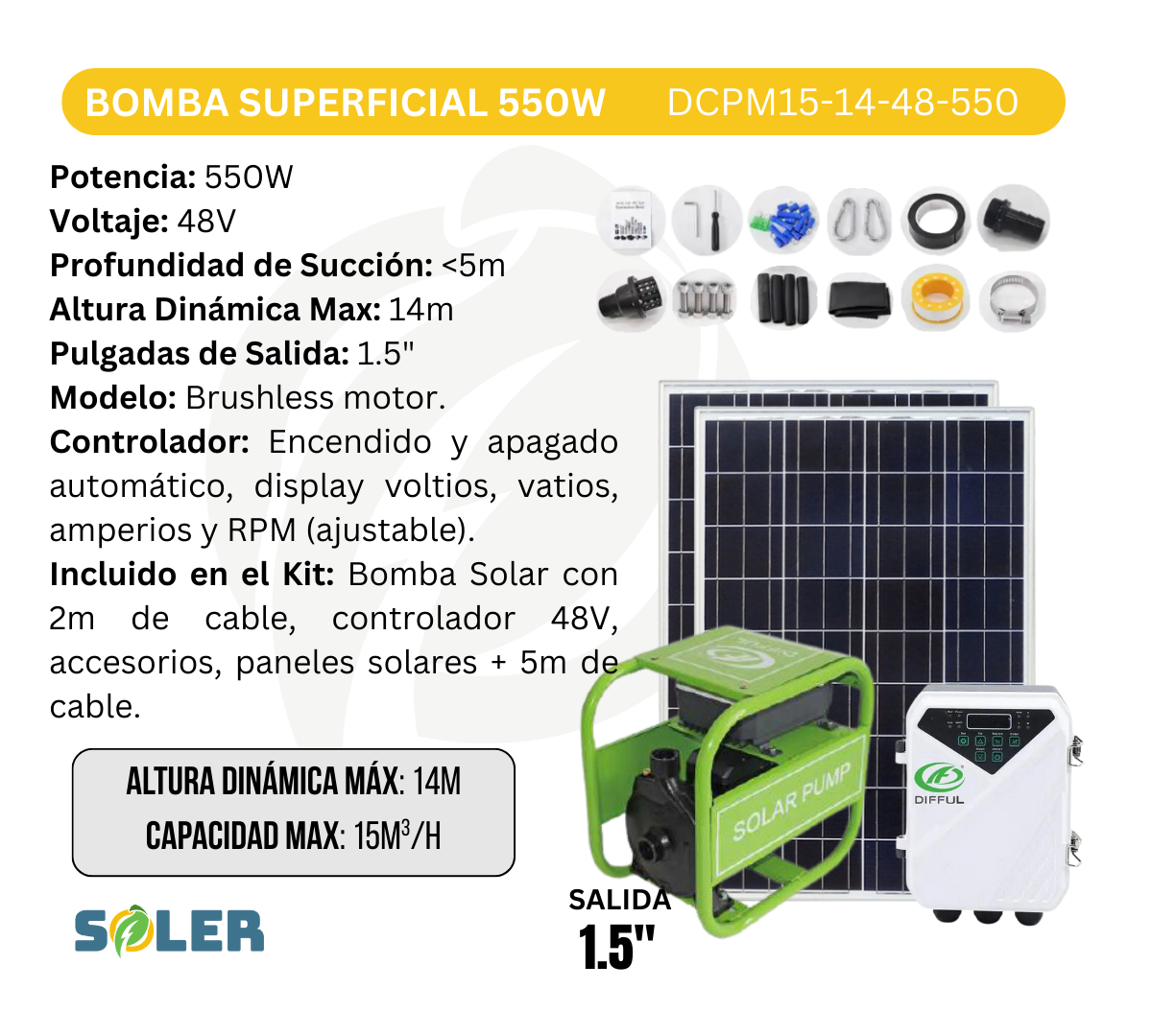 Bomba Solar Superficial 1.5" 14m 48V-550W