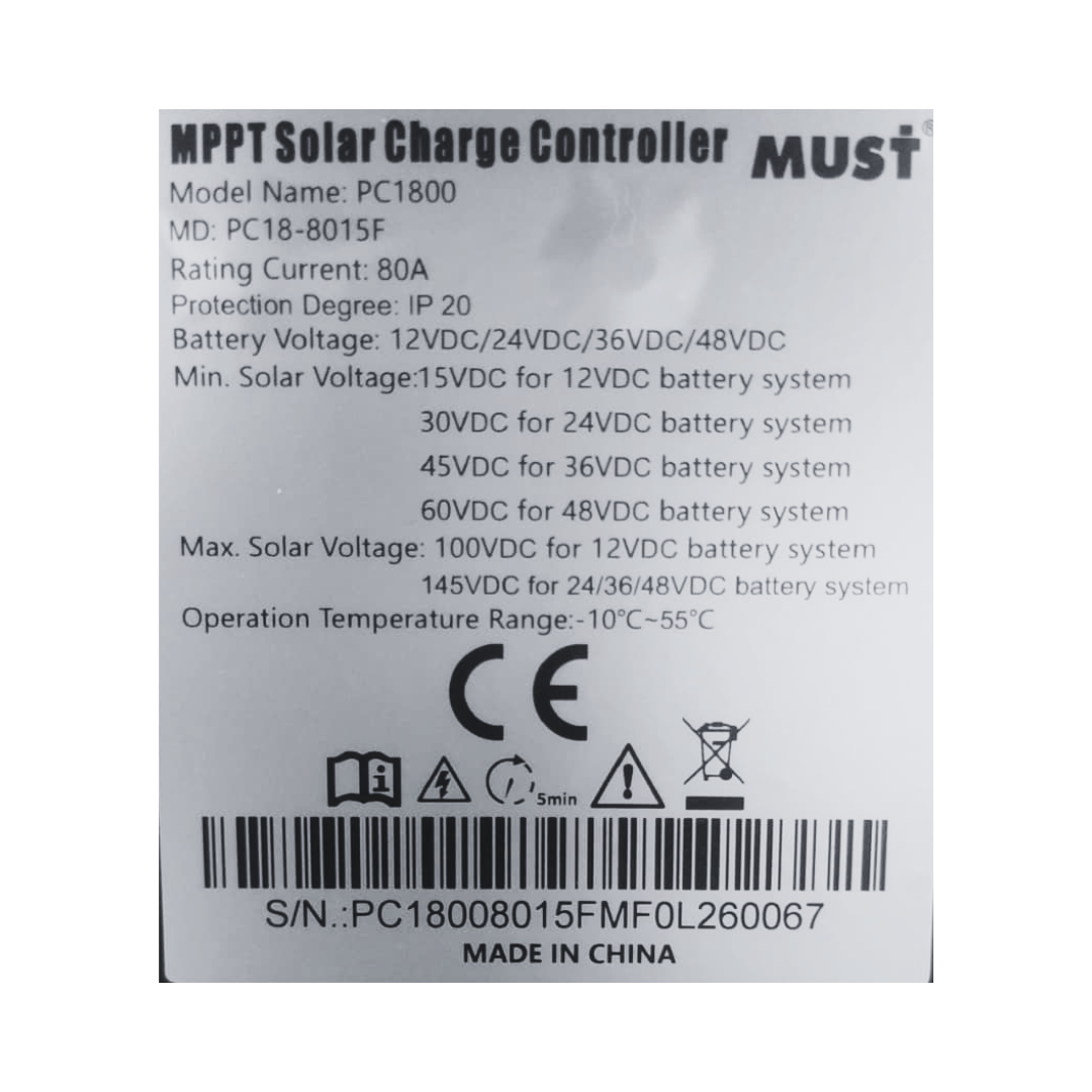 Controlador de Carga Solar Must MPPT 80A | Serie PC1800F
