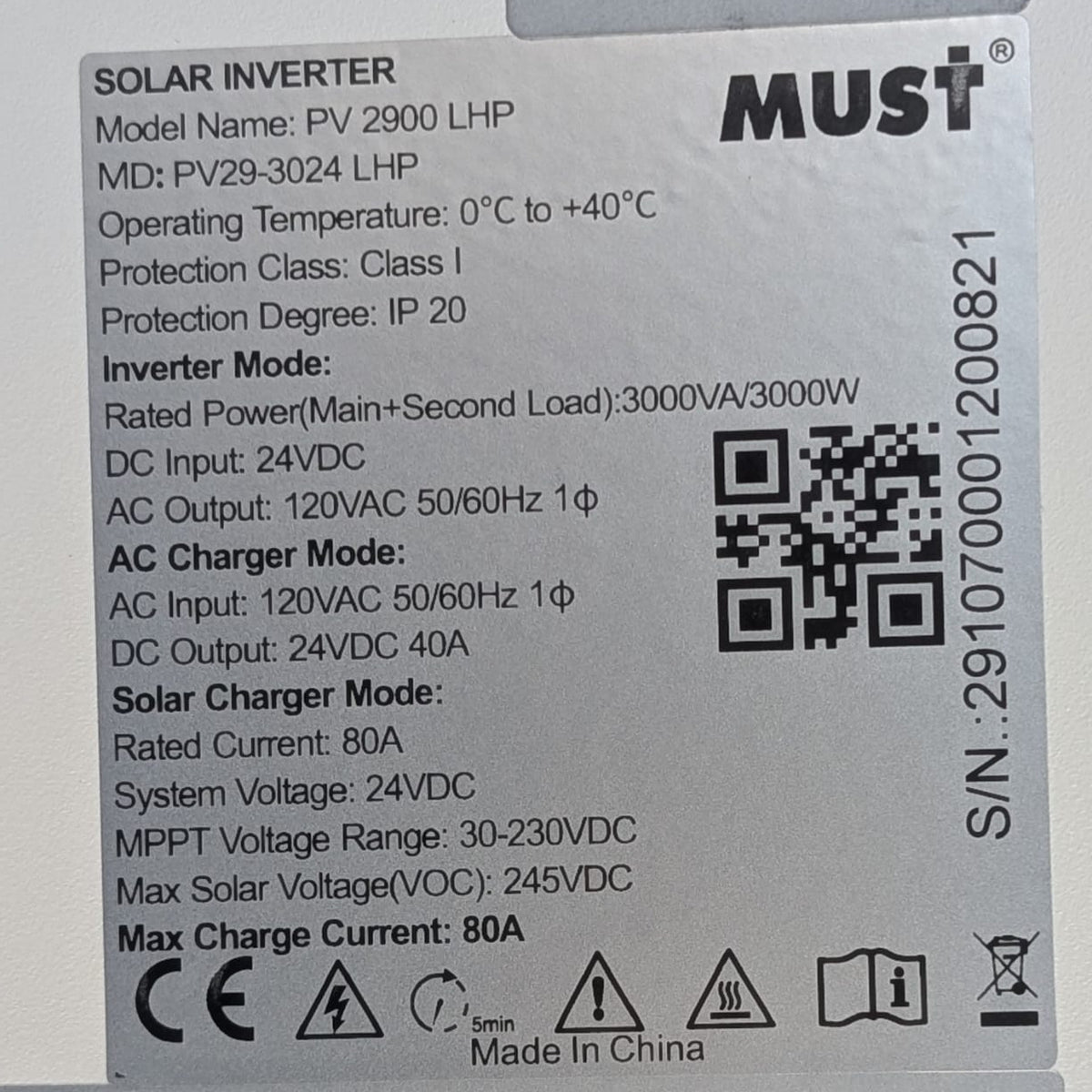 Inversor Híbrido Solar MUST 3KW 24V 80A | Salida 110V