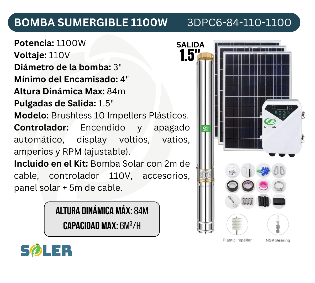 Bomba Solar Sumergible DPC 3" 84m 110V-1100W