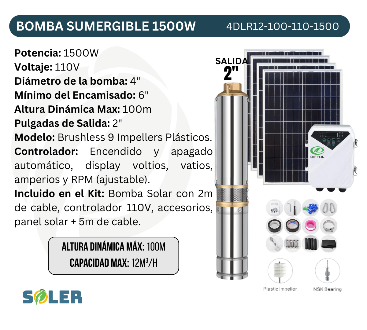 Bomba Solar Sumergible DLR 4" 100m 110V-1500W