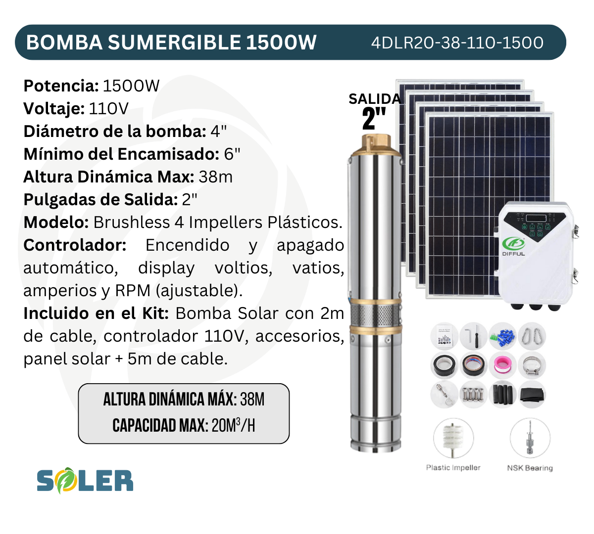 Bomba Solar Sumergible DLR 4" 38m 110V-1500W