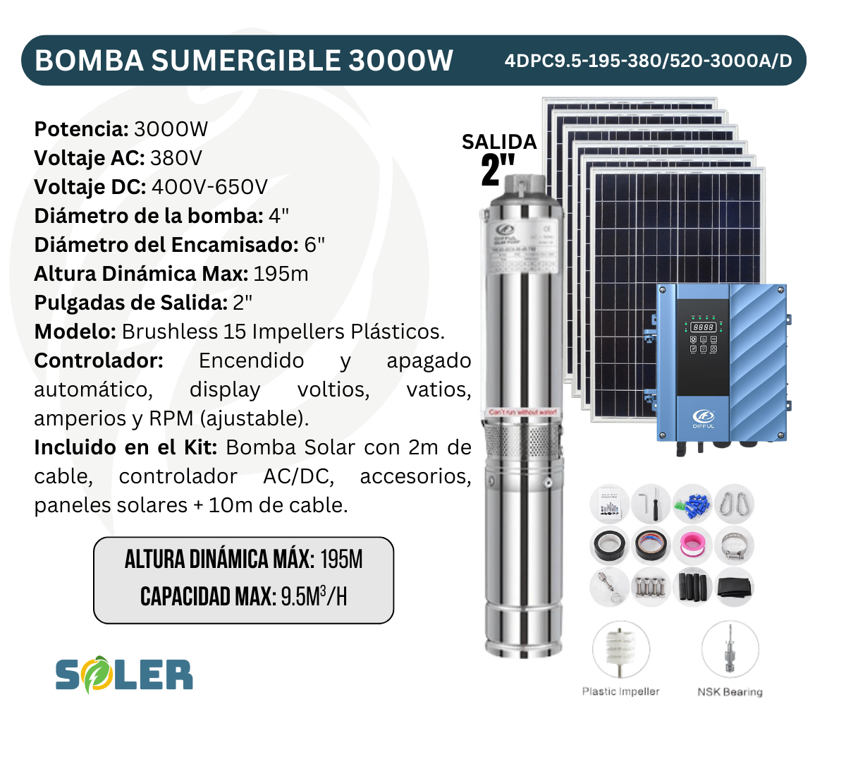 Bomba Solar Sumergible AC/DC DPC 4" 195m 3000W