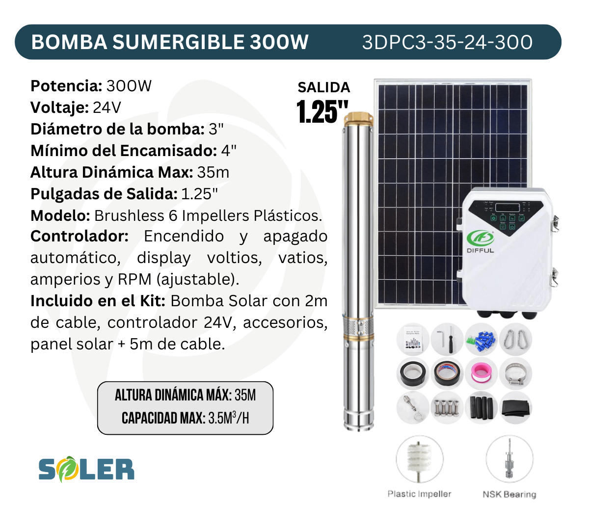 Bomba Solar Sumergible DPC 3" 35m 24V-300W