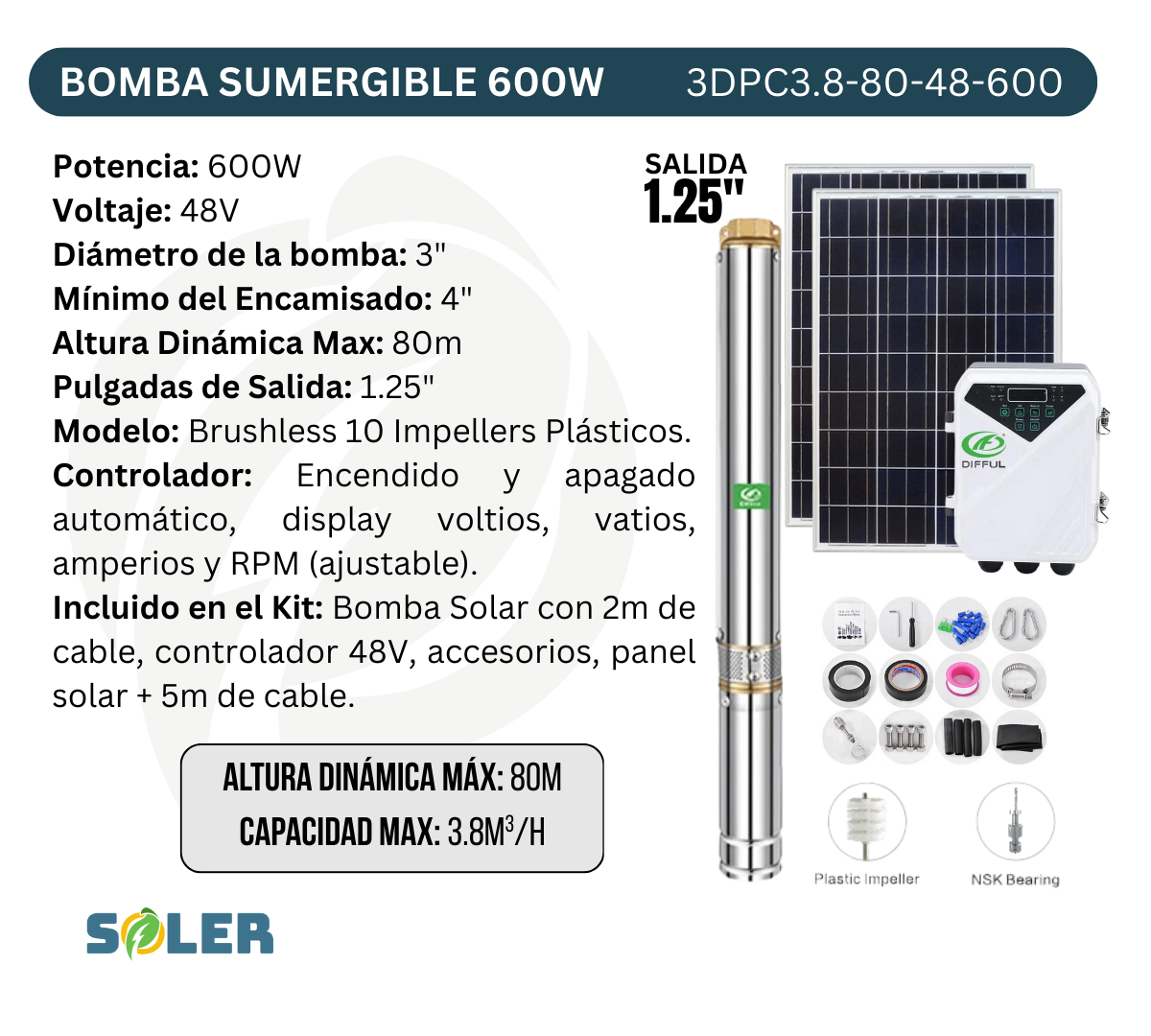 Bomba de Agua Solar Sumergible DPC 3" 80m 48V-600W