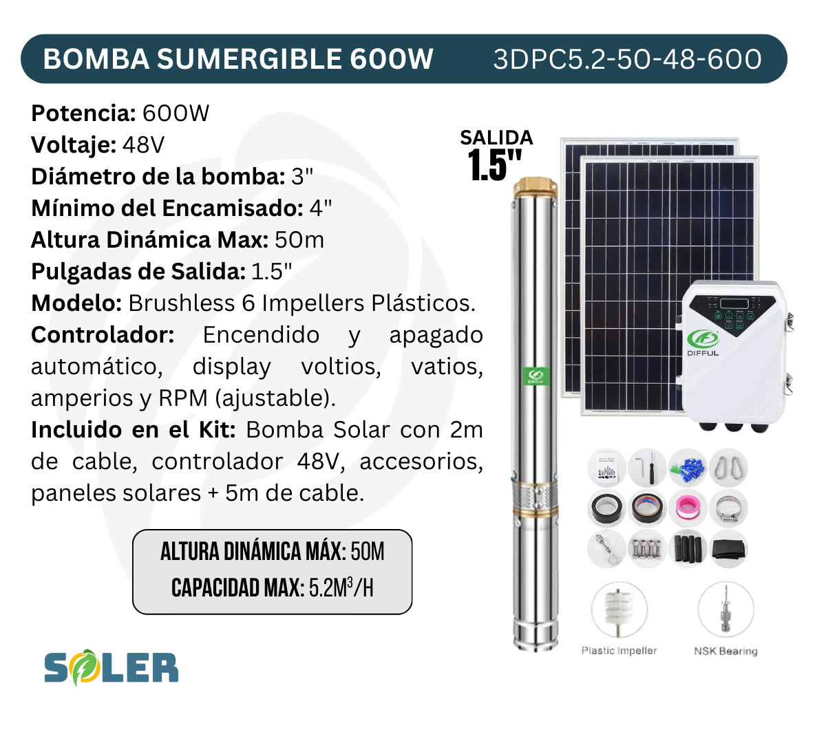 Bomba de Agua Solar Sumergible DPC 3" 50m 48V-600W