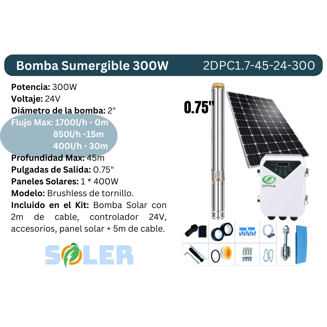 Bomba Solar Sumergible DPC 2" 45m 24V-300W