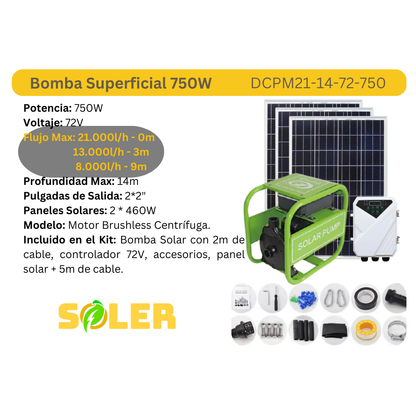 Bomba Solar Superficial 2" 14m 72V-750W