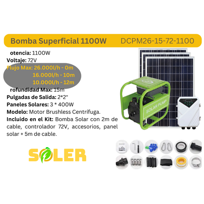 Bomba Solar Superficial 2" 15m 72V-1100W