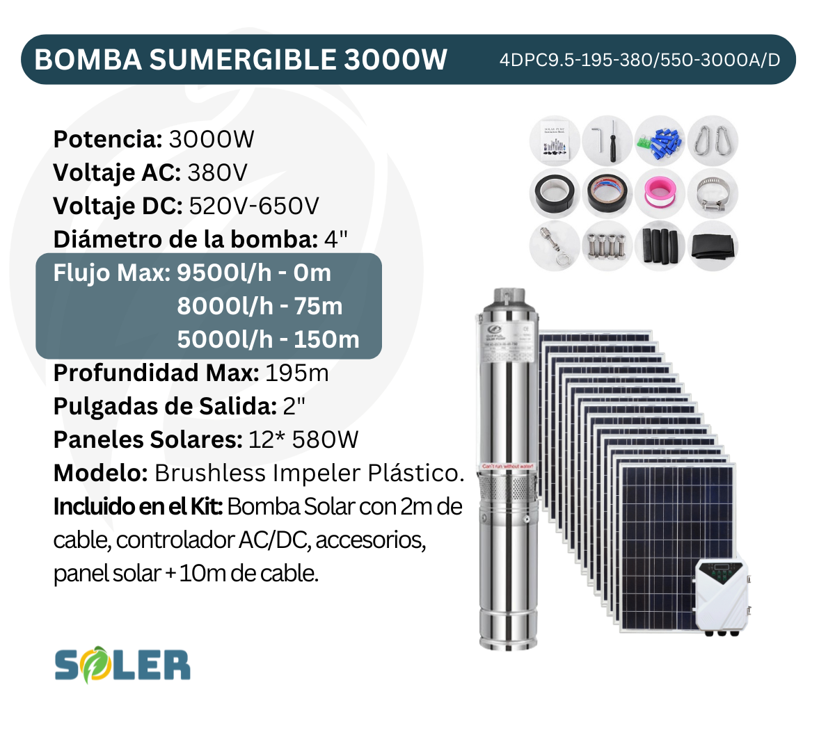 Bomba Solar Sumergible DPC 4" 195m 300V-3000W