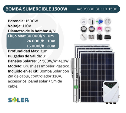 Bomba Solar Sumergible DSC 4/6" 31m 110V-1500W