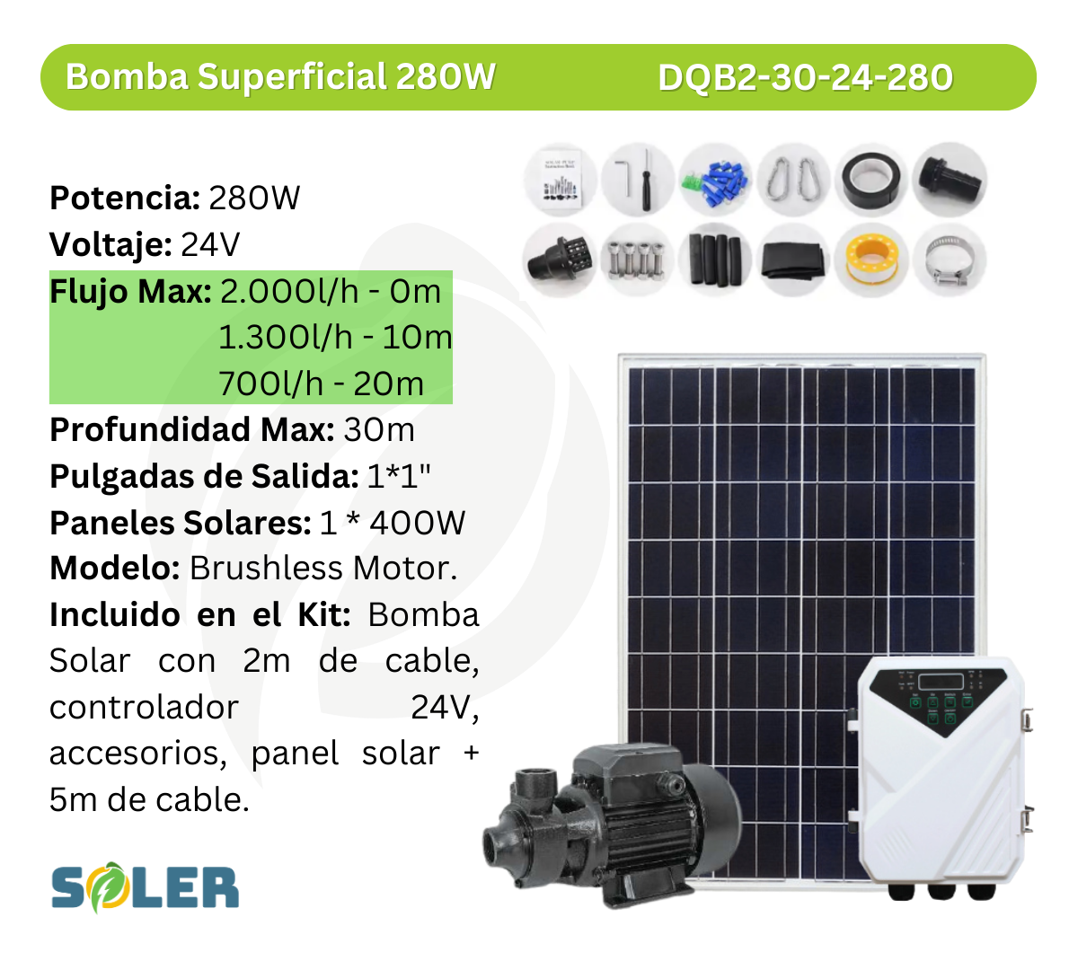 Bomba Solar Superficial 1" 30m 24V-280W