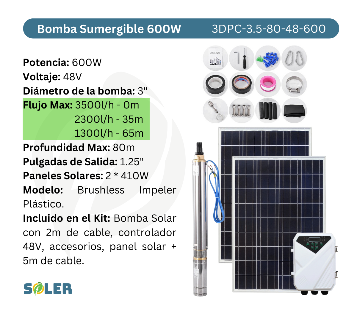 Bomba de Agua Solar Sumergible DPC 3" 80m 48V-600W