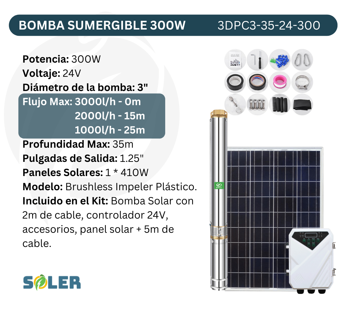 Bomba Solar Sumergible DPC 3" 35m 24V-300W