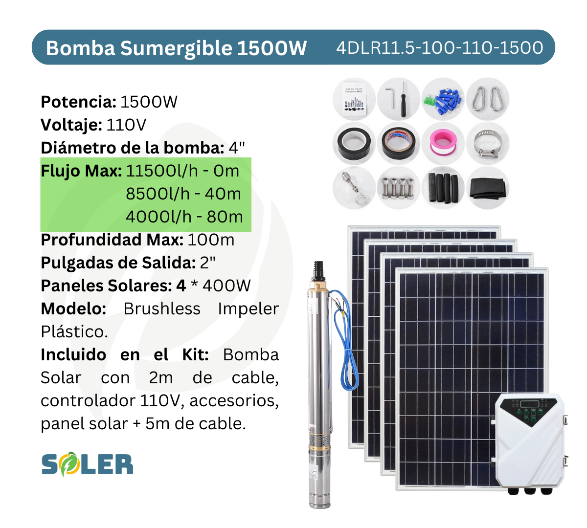 Bomba Solar Sumergible DLR 4" 100m 110V-1500W