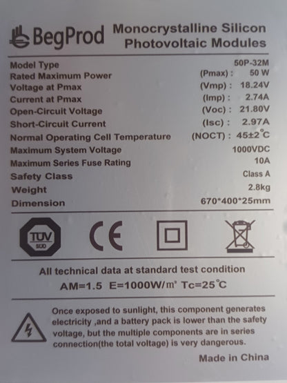 Panel Solar Monocristalino 50W BegProd