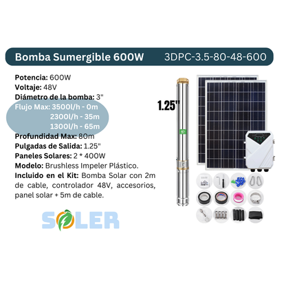 Bomba de Agua Solar Sumergible DPC 3" 80m 48V-600W