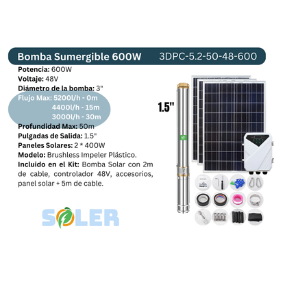 Bomba de Agua Solar Sumergible DPC 3" 50m 48V-600W