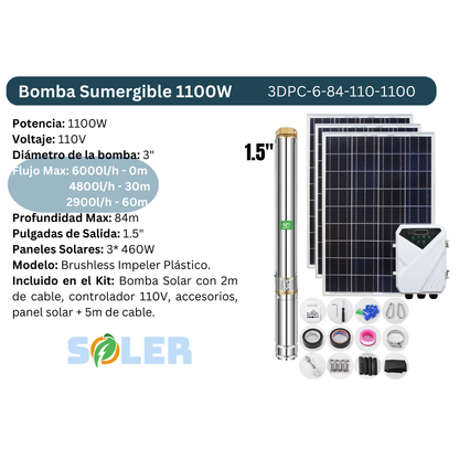 Bomba Solar Sumergible DPC 3" 84m 110V-1100W