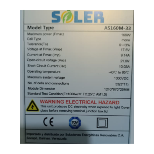 Panel Solar Monocristalino 160W