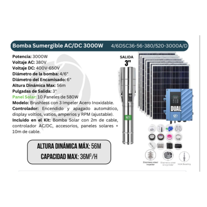 Bomba Solar Sumergible DSC AC/DC 3" 56m 380V-3000W