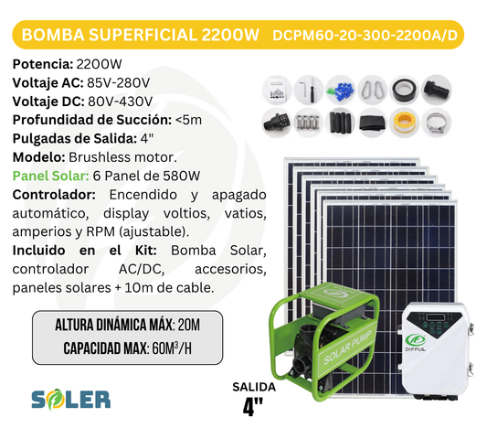 Bomba Solar Superficial 4" 20m 2200W AC/DC