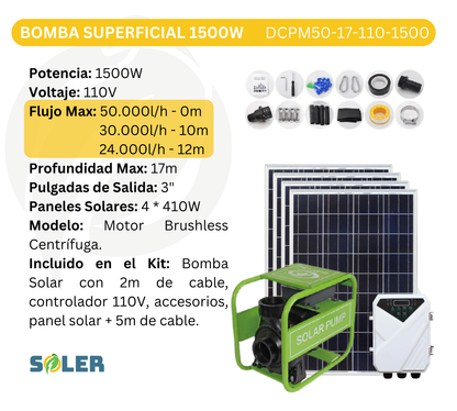 Bomba Solar Superficial 3" 17m 110V-1500W