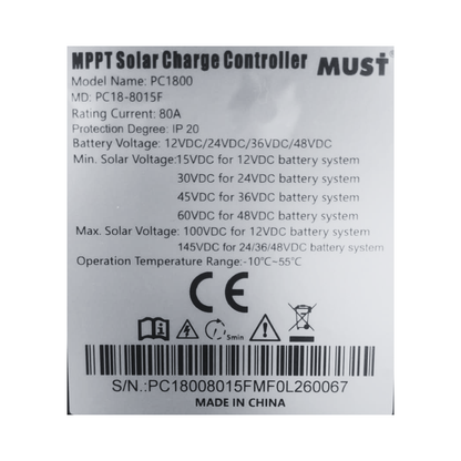 Controlador de Carga Solar Must MPPT 80A | Serie PC1800F