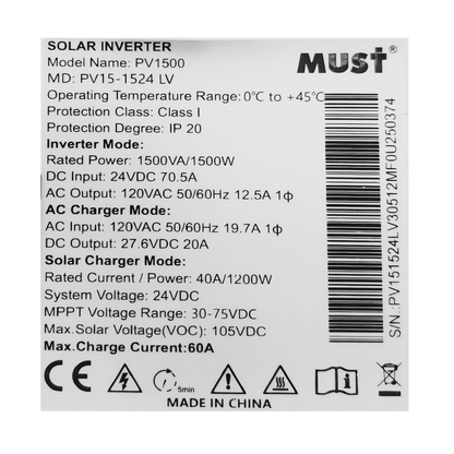 Inversor Híbrido Solar MUST 1.5KW 24V | Salida 120VAC