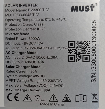Inversor Híbrido Solar MUST 6KW 48V 80A | Salida 110V/220V