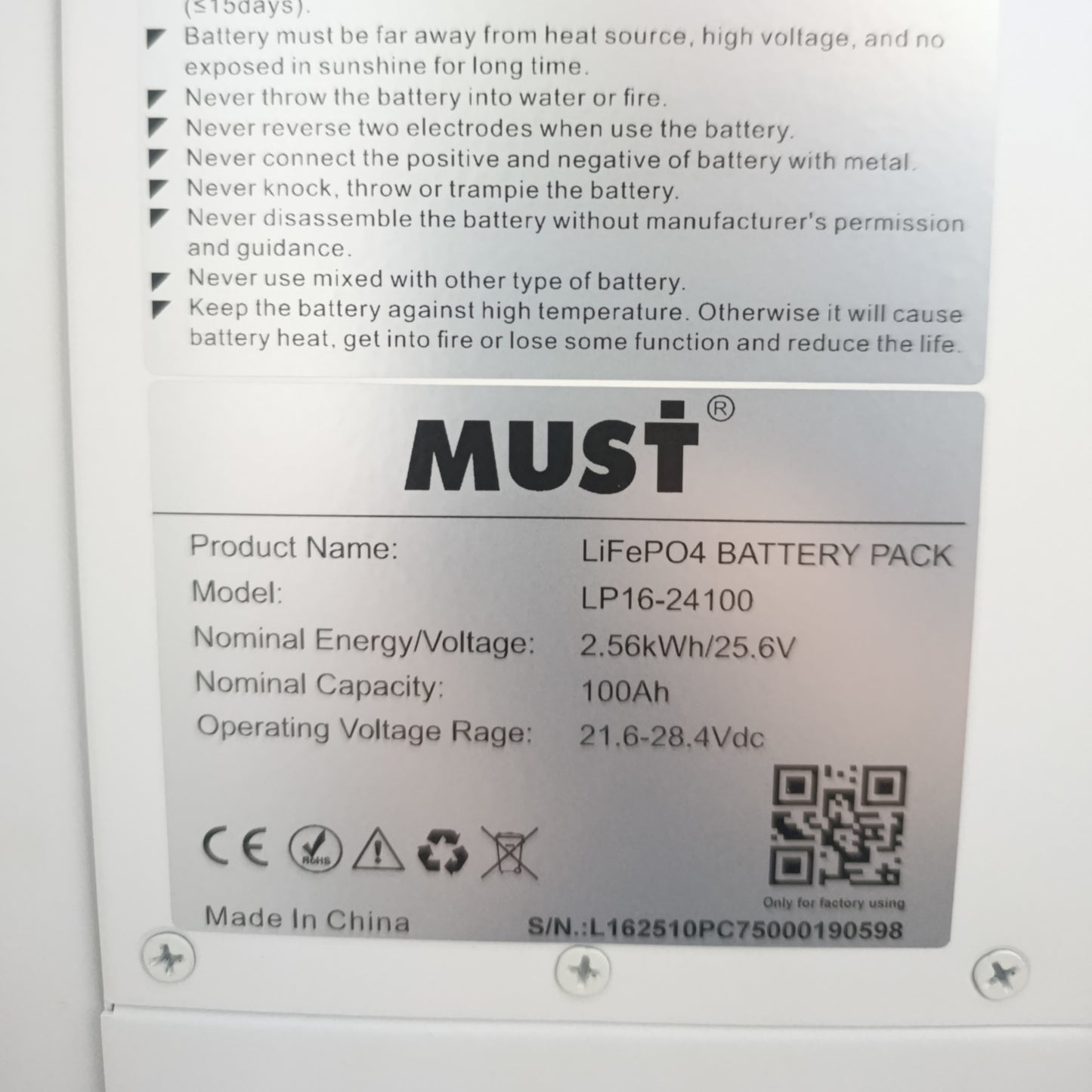 Batería de litio LifePO4 MUST (Pared) 24V-100Ah | 6000 Ciclos