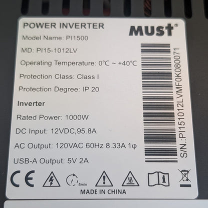 Inversor MUST 12V-1KVA OP 110V