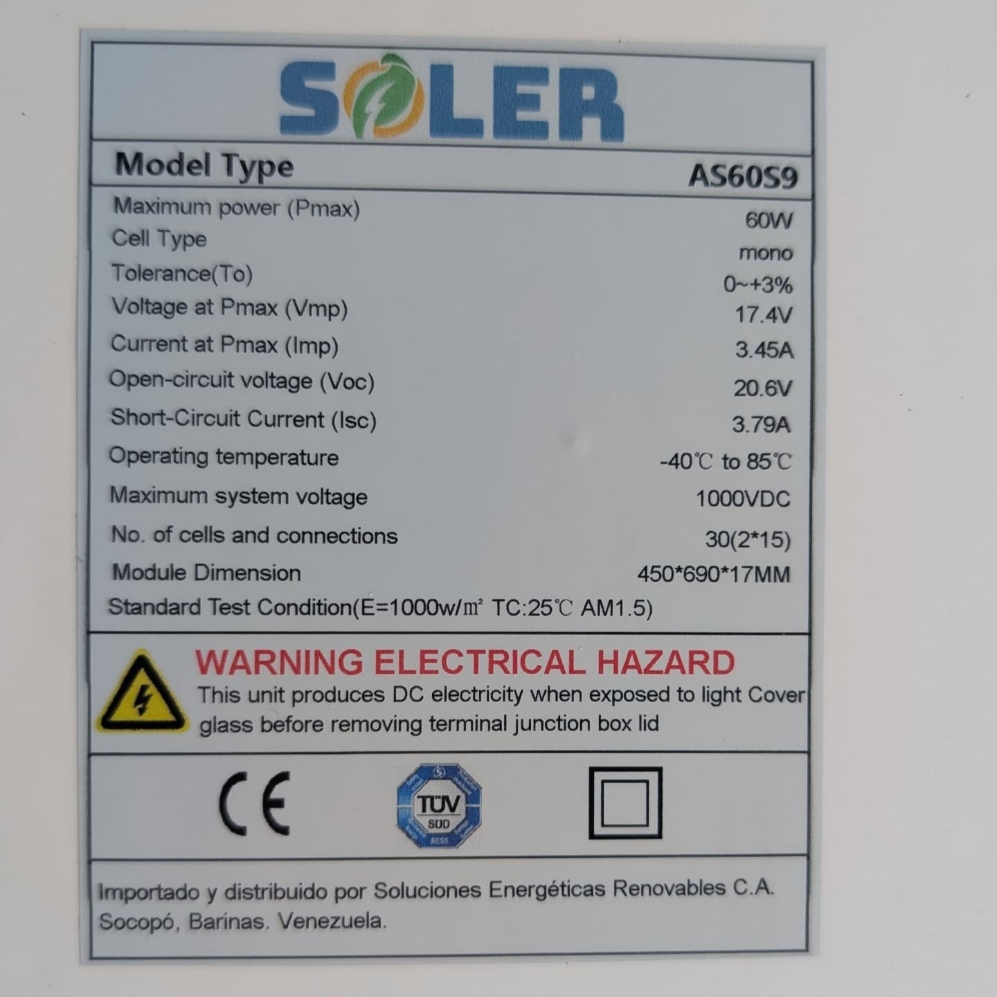 Panel Solar Monocristalino 60W SOLER