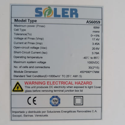 Panel Solar Monocristalino 60W SOLER