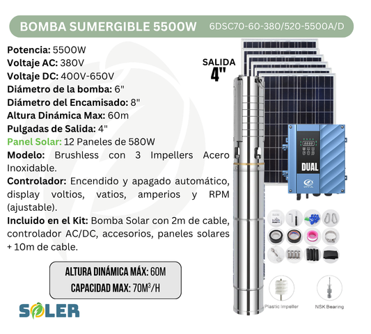 Bomba Solar Sumergible AC/DC DSC 4" 60m 5500W
