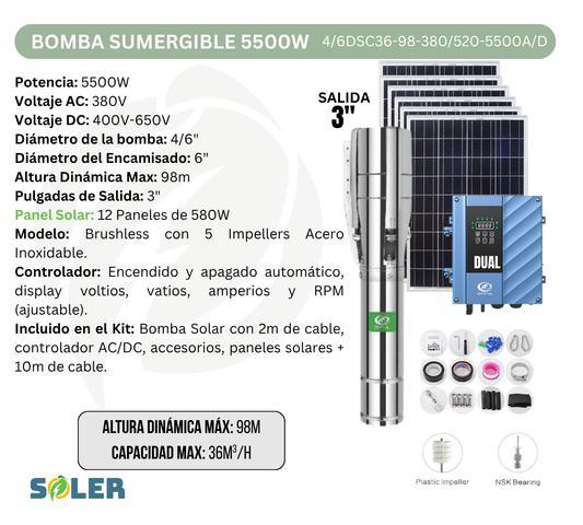 Bomba Solar Sumergible AC/DC DSC 3" 98m 5500W