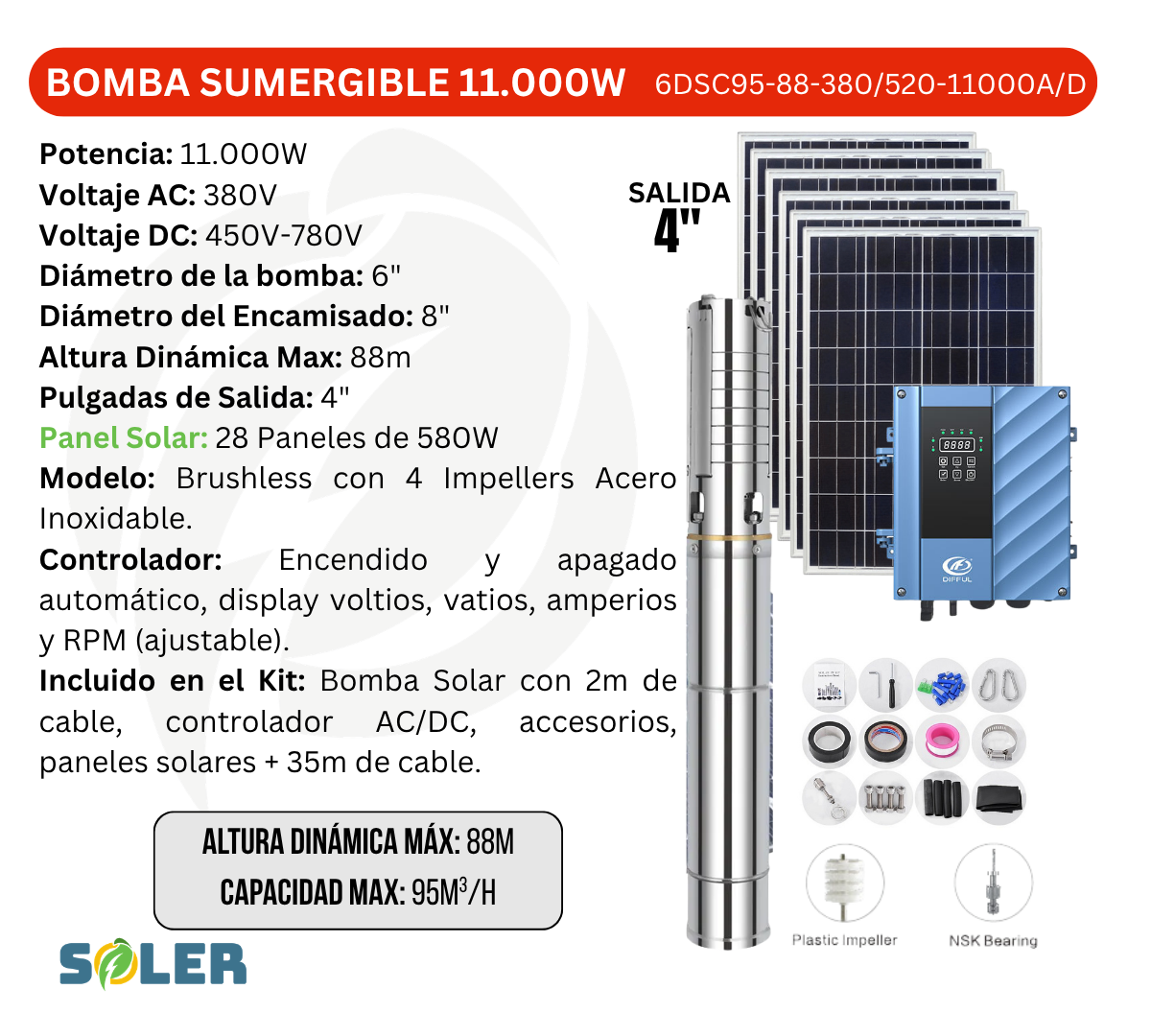 Bomba Solar Sumergible AC/DC DSC 4" 88m 11000W