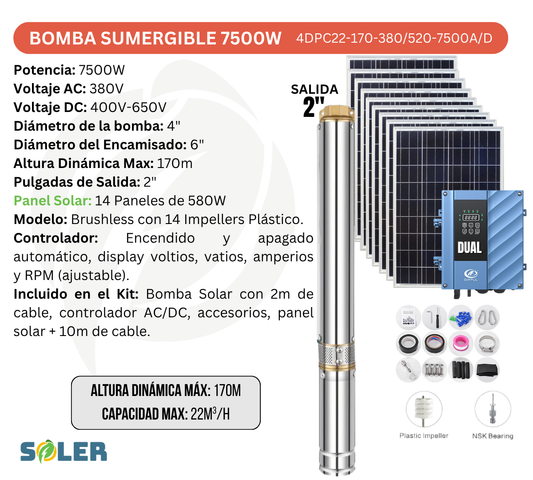 Bomba Solar Sumergible AC/DC DPC 2" 170m 7500W